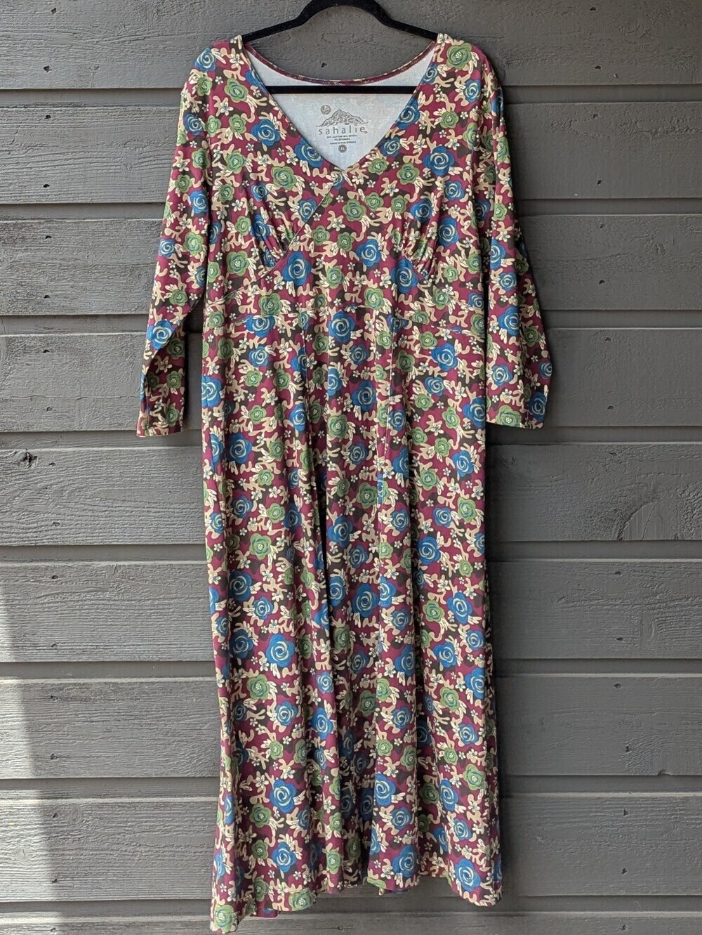 sahalie Burgundy Floral V-Neck Long Sleeve Midi Dress XL Stretch Cotton Modal